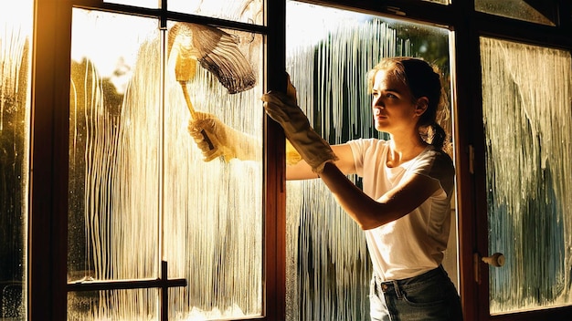 PSD a woman is cleaning a glass door with a yellow rubber glove