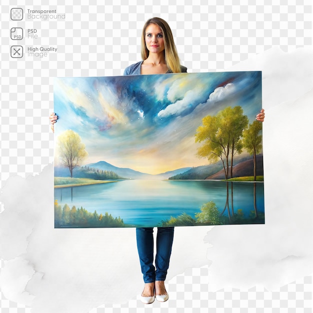 A woman is holding a large painting of a lake with trees in the background