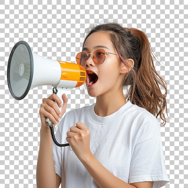 PSD a woman is holding a microphone and yelling into it