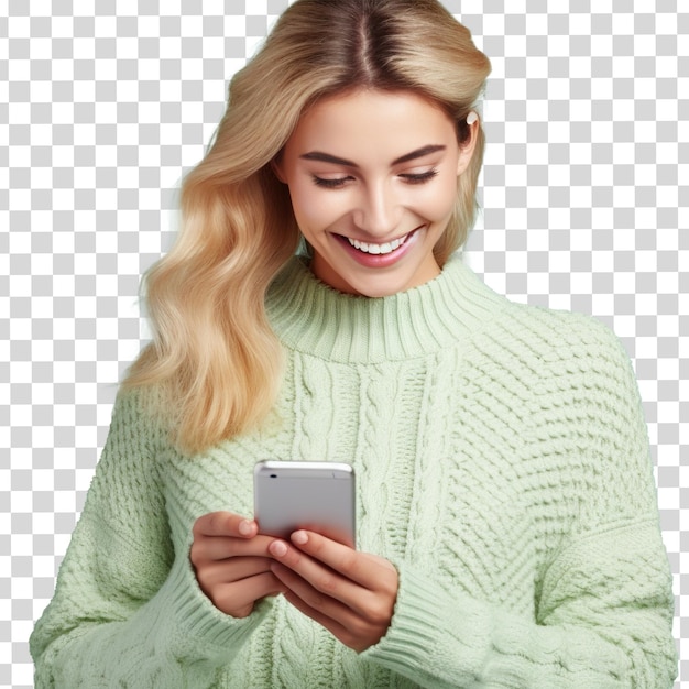 PSD a woman is holding a phone and smiling