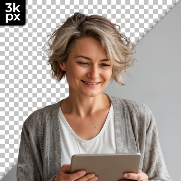 PSD a woman is holding a tablet with the letters lg on it