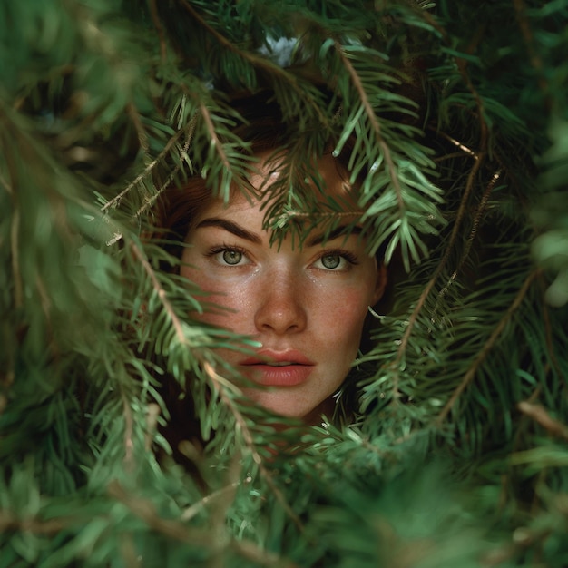 PSD a woman is looking through a pine treetree lover concept sustainable li