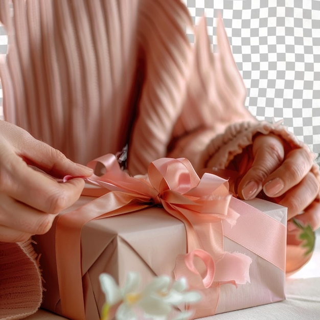 a woman is opening a gift with a pink bow