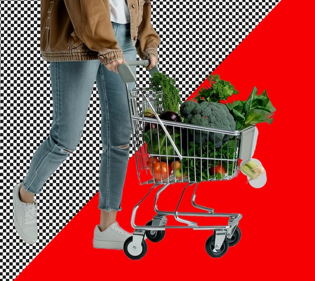 PSD a woman is pushing a shopping cart with a basket full of vegetables