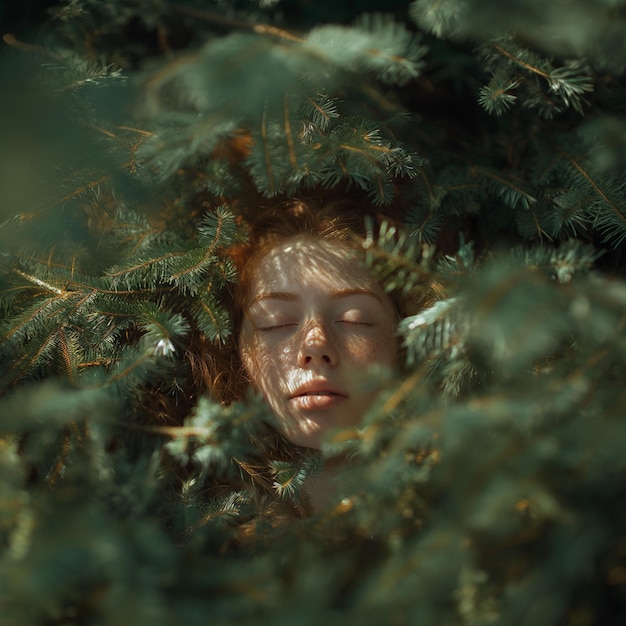 PSD a woman is sleeping in a tree with her eyes closed tree lover concept sustainable living concept