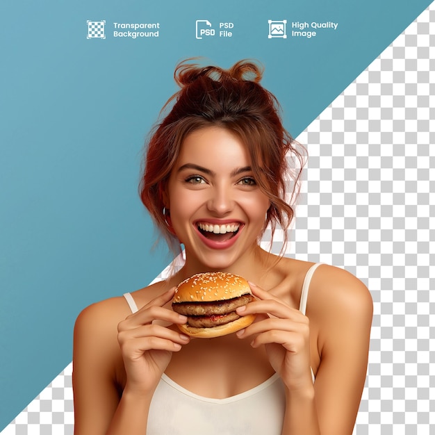 a woman is smiling and holding a hamburger with the words  the word  on it