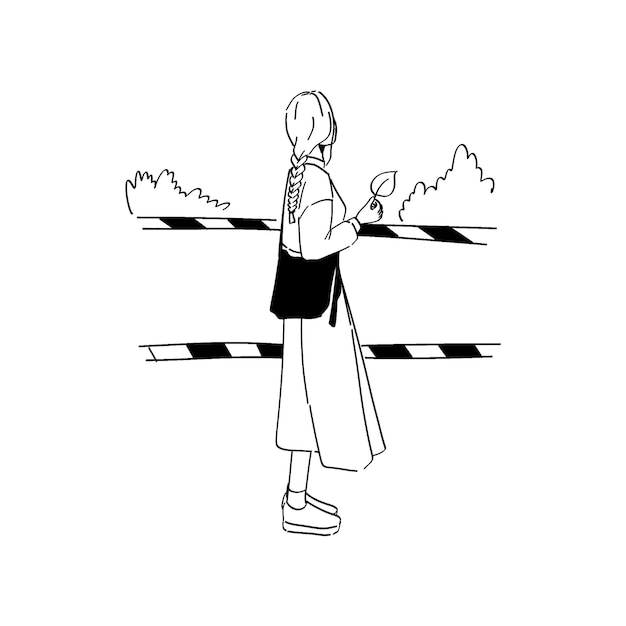 PSD a woman is standing in front of a road crossing with a black line drawing of a woman.