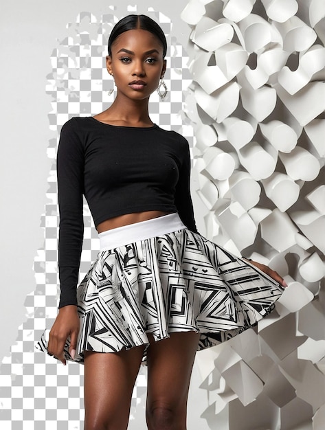 a woman is standing in front of a wall with a black and white skirt