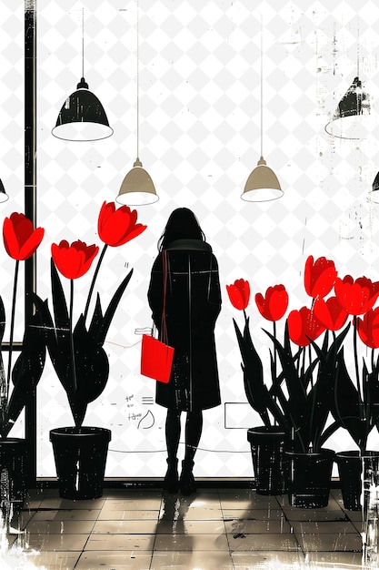 a woman is standing in front of a wall with red hearts