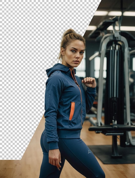 PSD a woman is standing in a gym with a blue hoodie on her back