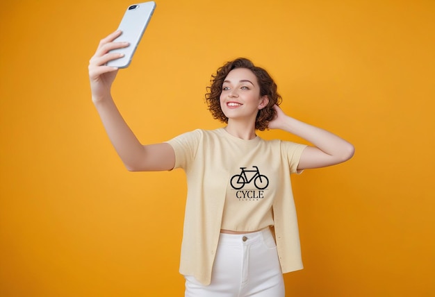 a woman is taking a picture of a bicycle and a shirt that says bicycle on it