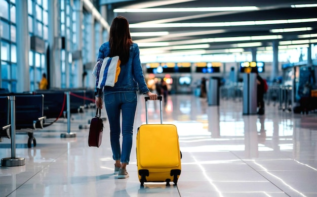 a woman is walking with a yellow suitcase in an airport