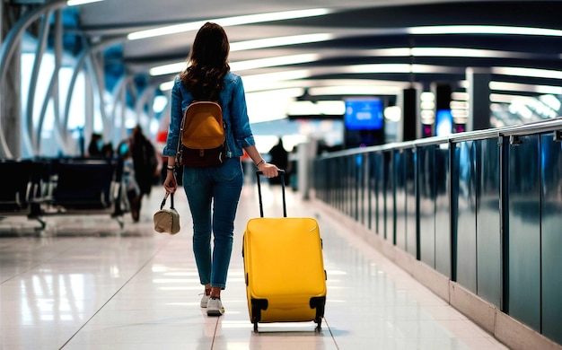 a woman is walking with a yellow suitcase