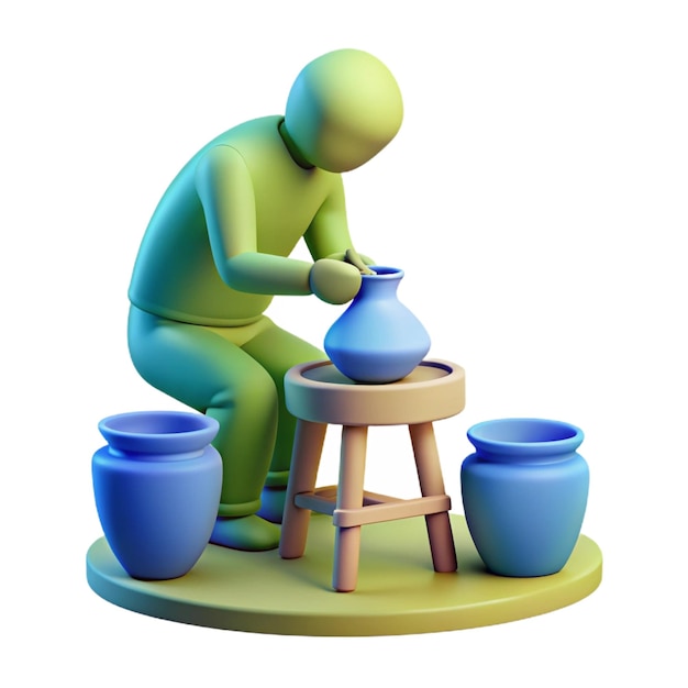 PSD a woman is working on a pottery table with pots and bowls