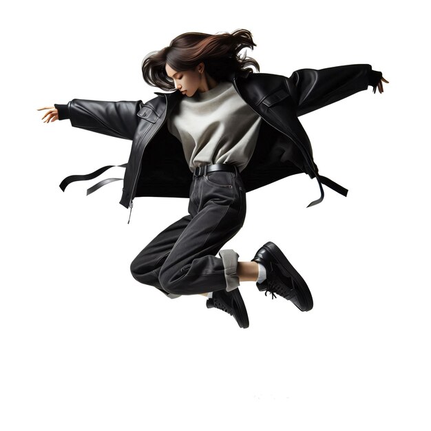 PSD a woman jumping in the air with black jacket isolated on transparent background