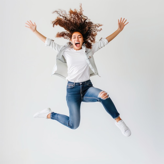 woman jumping high with happy emotion transparent background