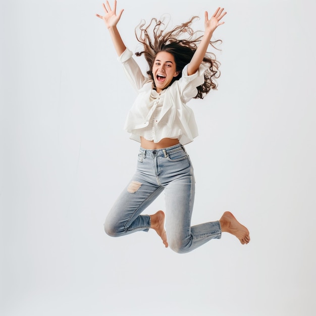 PSD woman jumping high with happy emotion transparent background