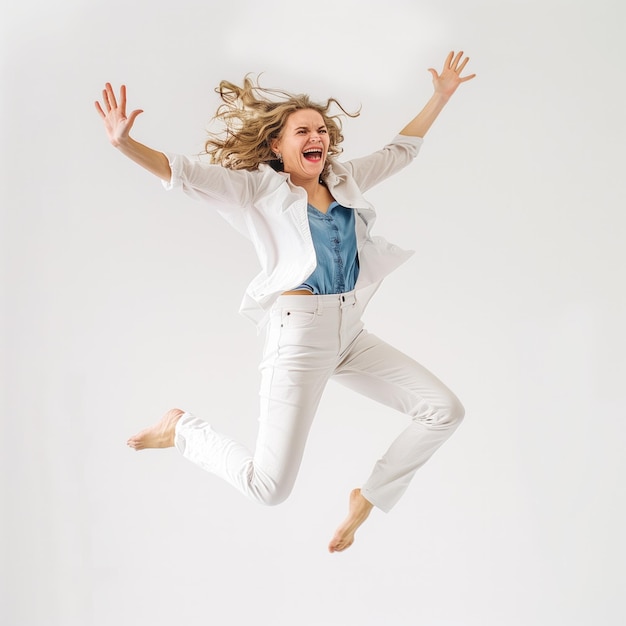 PSD woman jumping high with happy emotion transparent background