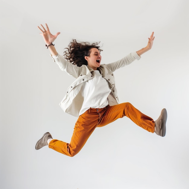 PSD woman jumping high with happy emotion transparent background