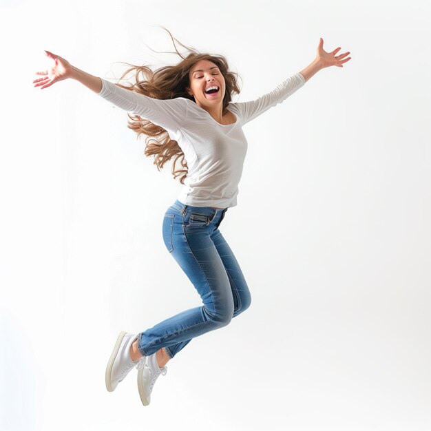 PSD woman jumping high with happy emotion transparent background