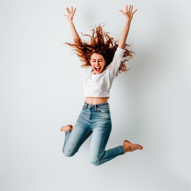 PSD woman jumping high with happy emotion