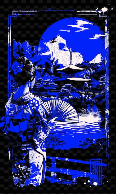 PSD woman in a kimono holding a fan japanese garden in the backg png poster background designs