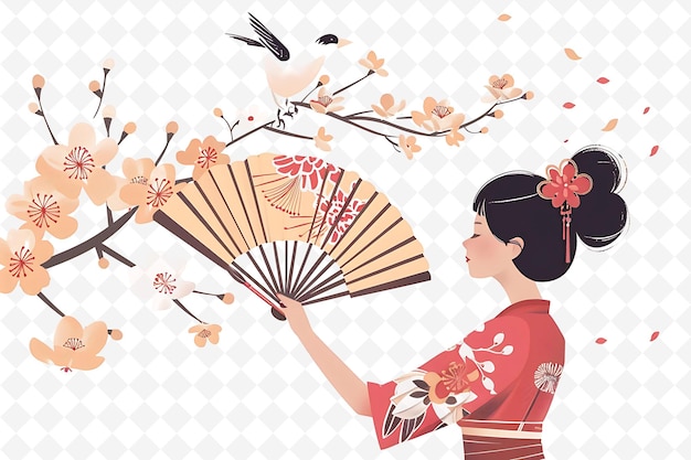 a woman in a kimono holds a fan and the bird is holding it