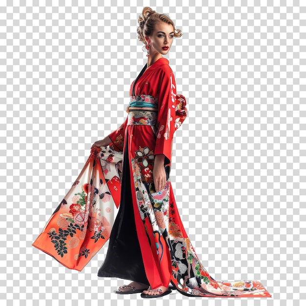 a woman in a kimono with a floral pattern on the front