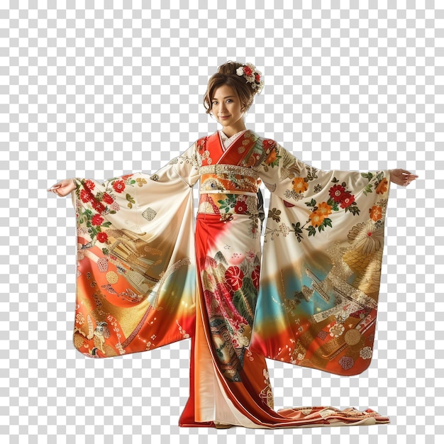 a woman in a kimono with a floral pattern on the front