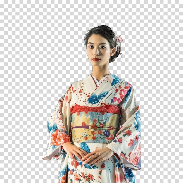 a woman in a kimono with a flower pattern on the front