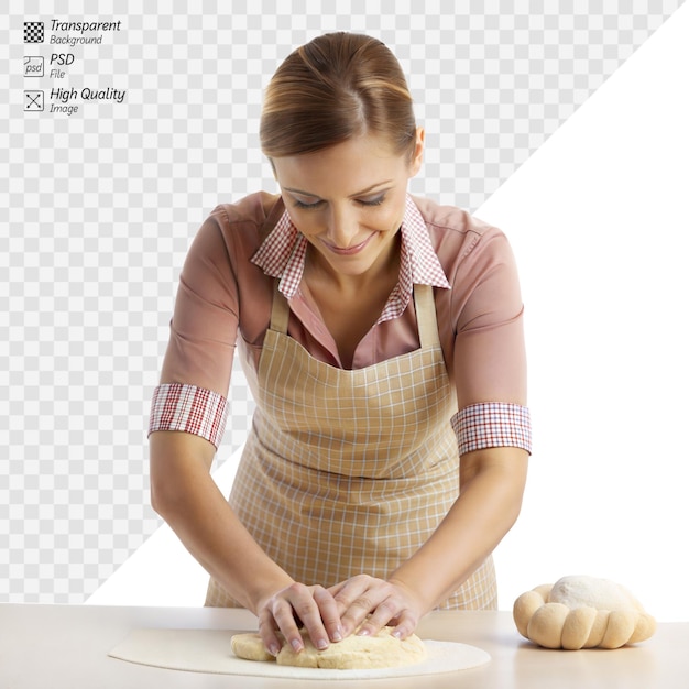 Woman kneading dough on a countertop with a smile