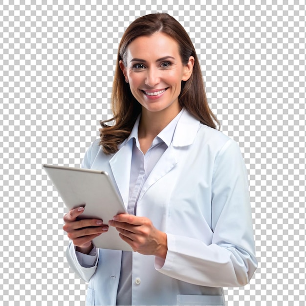 a woman in a lab coat is holding a tablet