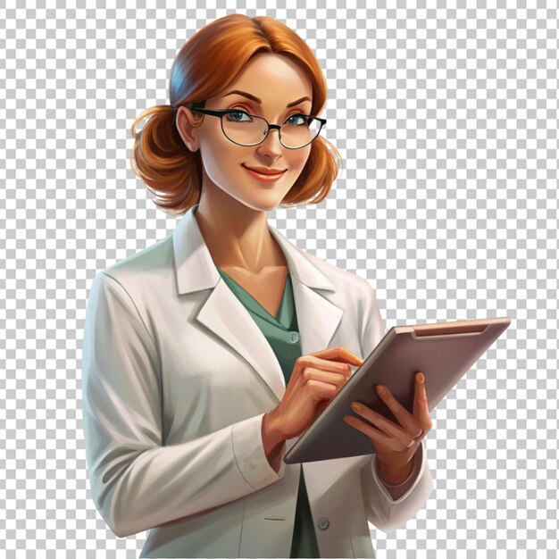 a woman in a lab coat is holding a tablet