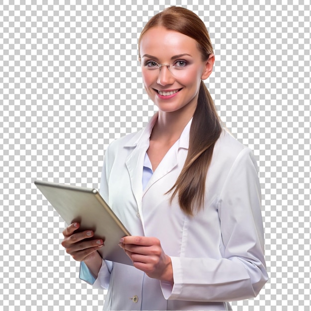 a woman in a lab coat is holding a tablet