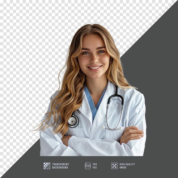 a woman in a lab coat is smiling