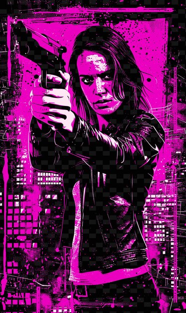 Woman in a Leather Jacket Holding a Gun Cityscape at Night I PNG Poster Background Designs