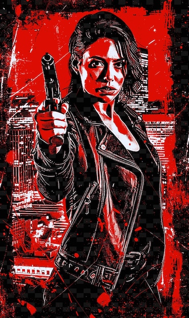 Woman in a Leather Jacket Holding a Gun Cityscape at Night I PNG Poster Background Designs