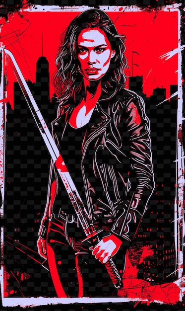 Woman in a Leather Jacket Holding a Sword Cityscape in the B PNG Poster Background Designs