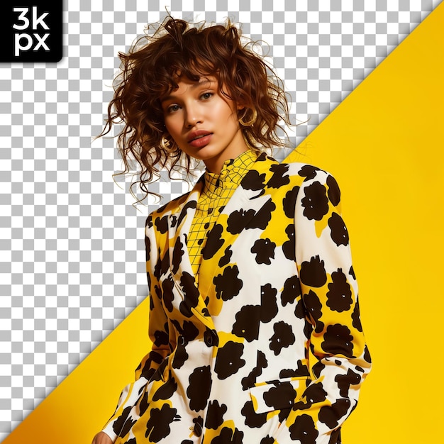 a woman in a leopard print jacket is standing in front of a yellow background