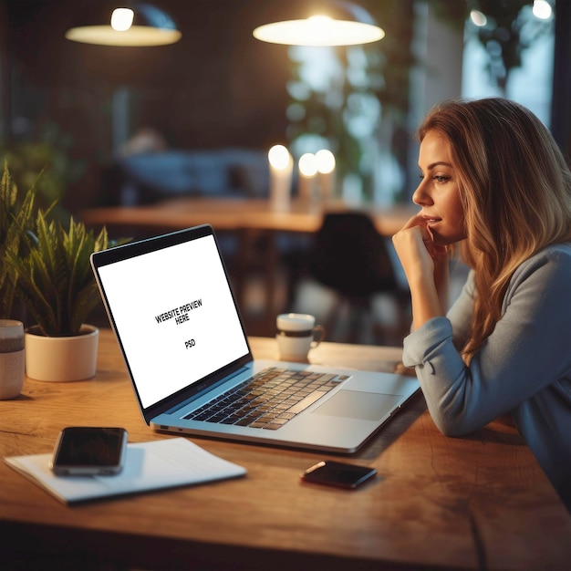 Woman looking at laptop on table with coffee cup and city view