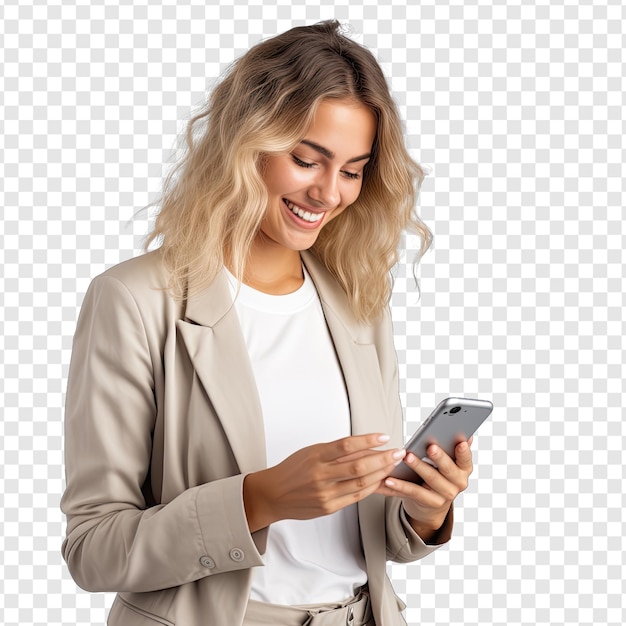 A woman looking phone with smile on transparency background PSD