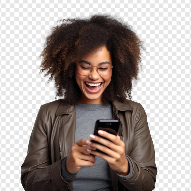 A woman looking phone with smile on transparency background PSD