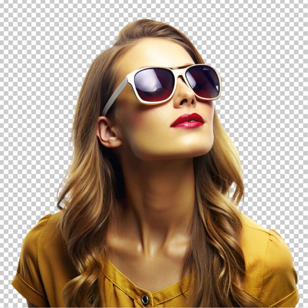 PSD woman looking up with sunglasses on transparent background