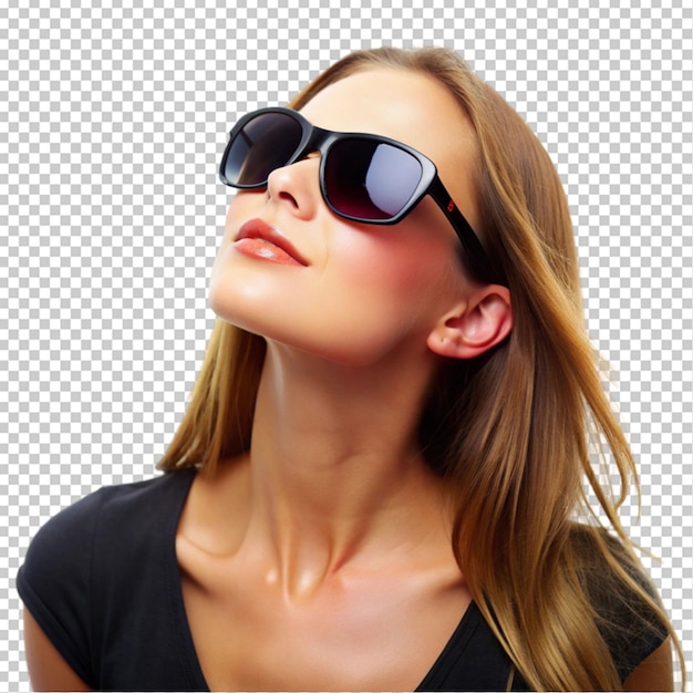 PSD woman looking up with sunglasses on transparent background