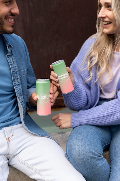 PSD woman and man holding a mock-up canned soda