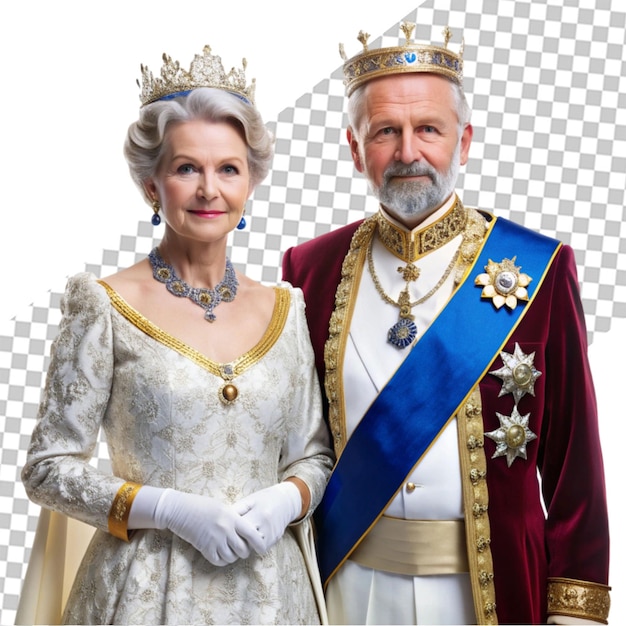 PSD woman and man wearing squirly clothes with crowns