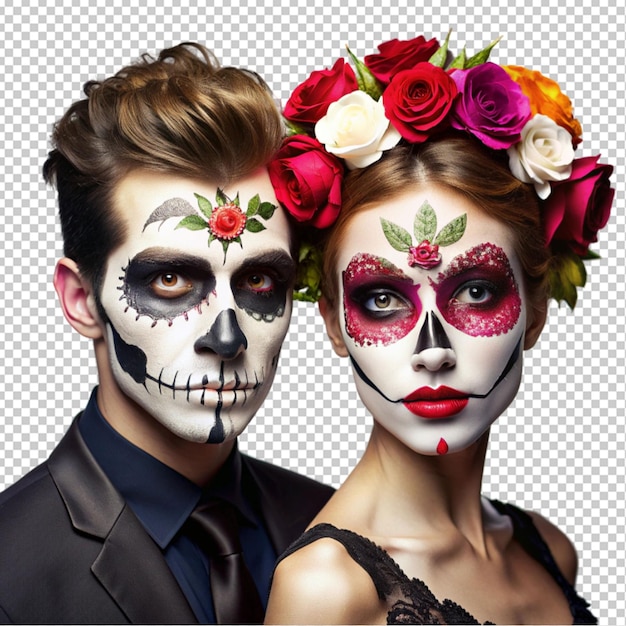 PSD a woman and man with calavera makeup transparent background