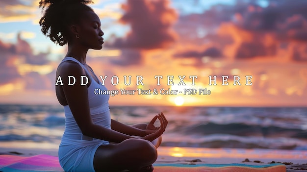 Woman meditating on the beach at sunrise