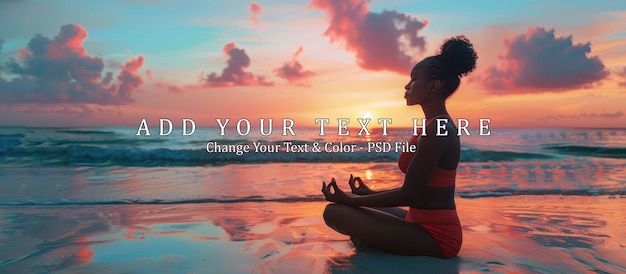 PSD woman meditating at sunset on the beach