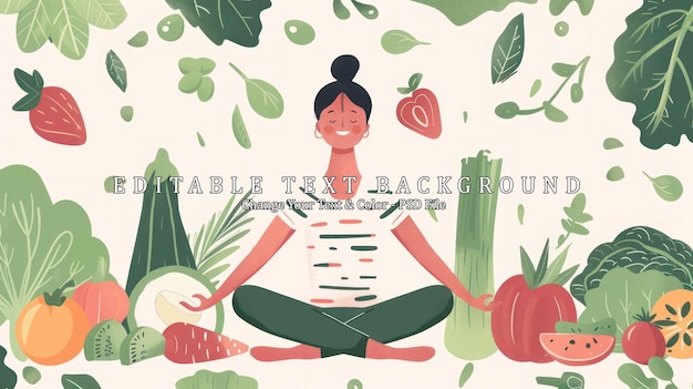 PSD woman meditating surrounded by vegetables and fruits